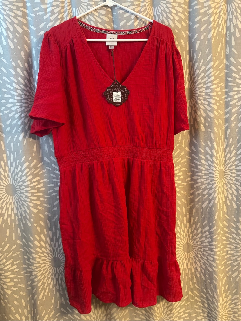 Red V-Neck Short Sleeve Ruffle Hem Dress